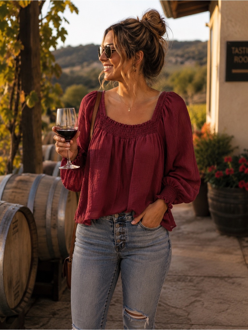 🍷SHE + SKY Boutique Bat Wing Flowy Blouse in Spiced Cabernet - Small